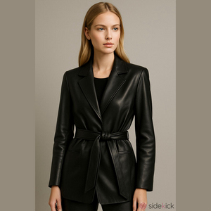 WinterSilks Women's Black 100% Leather Belted Jacket Medium Silk Lining Vintage